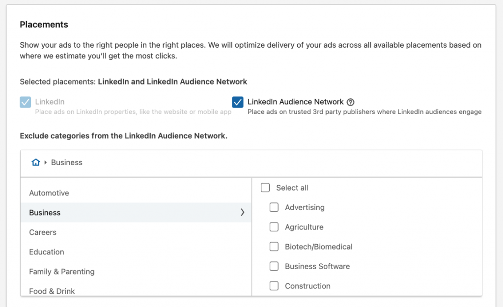 LinkedIn audience network categories