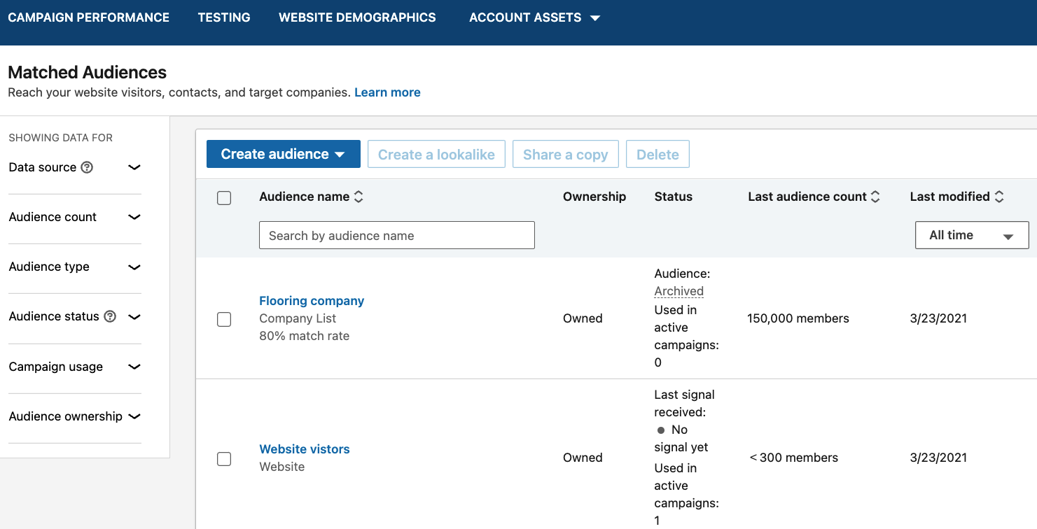 tableau de contrôle audiences correspondantes LinkedIn