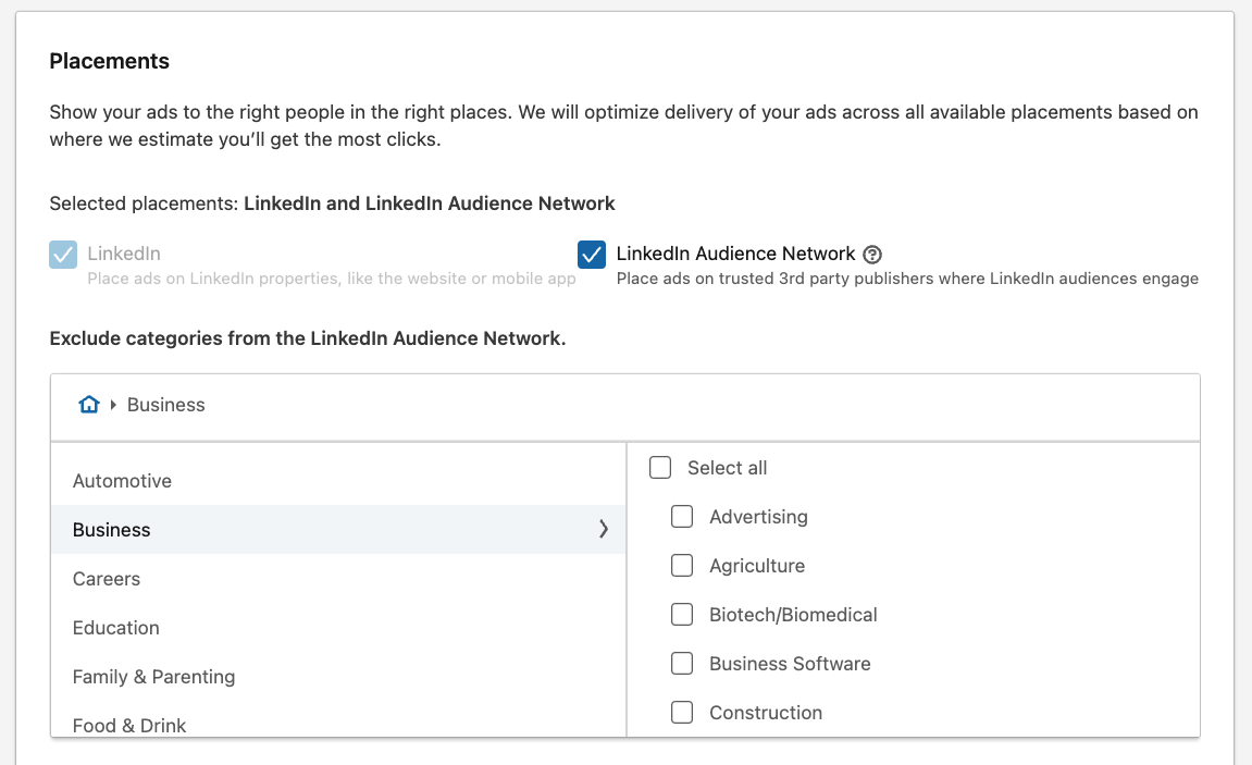 catégories du LinkedIn Audience Network