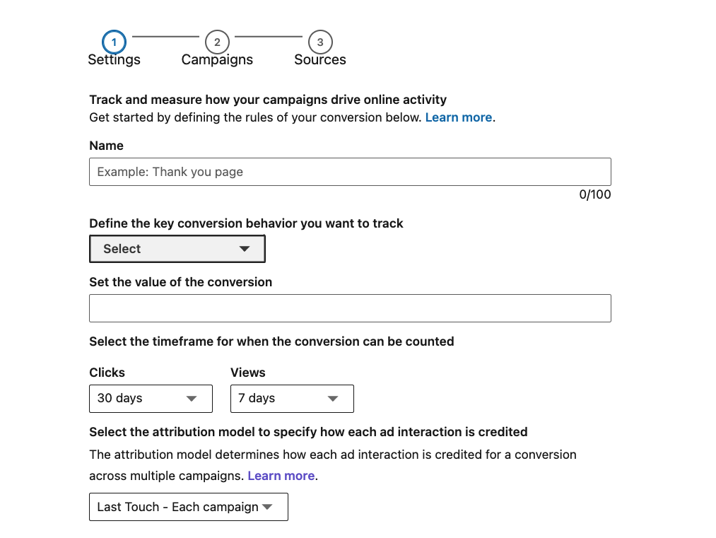 réglages suivi de conversion LinkedIn