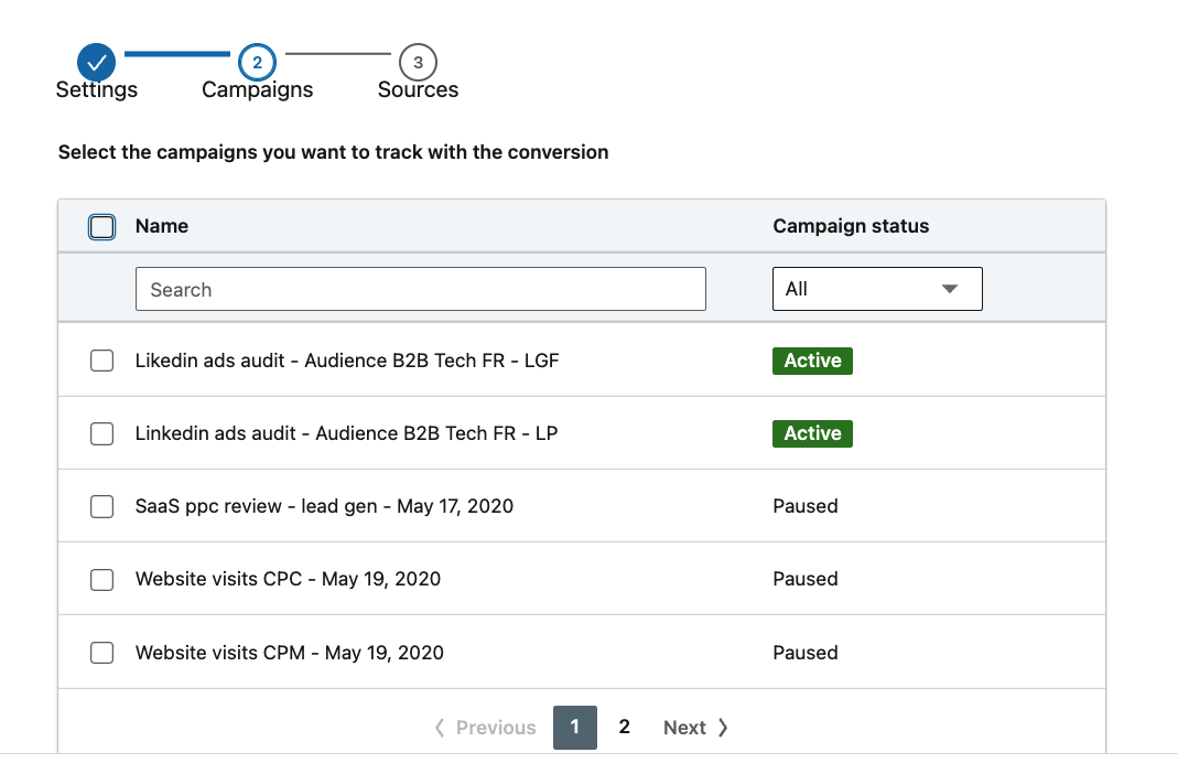 select campaign conversion tracking LinkedIn