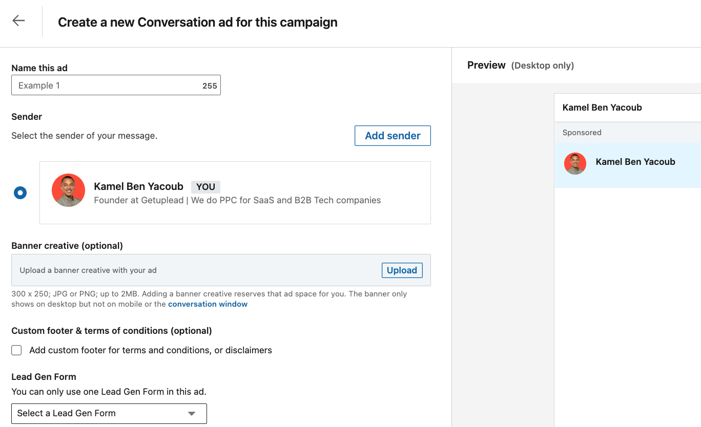 expéditeur LinkedIn conversation ads