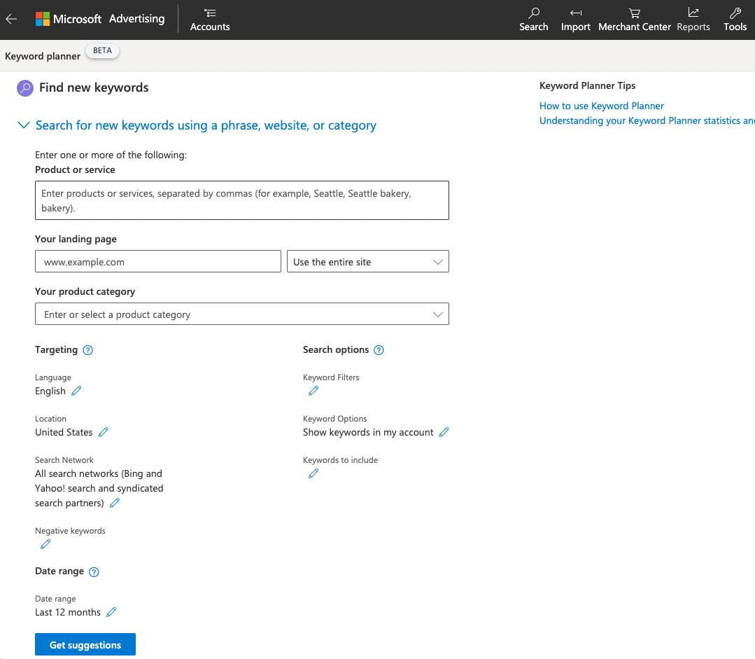 Keyword planner tool