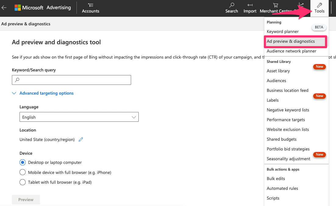 Bing ads preview tool