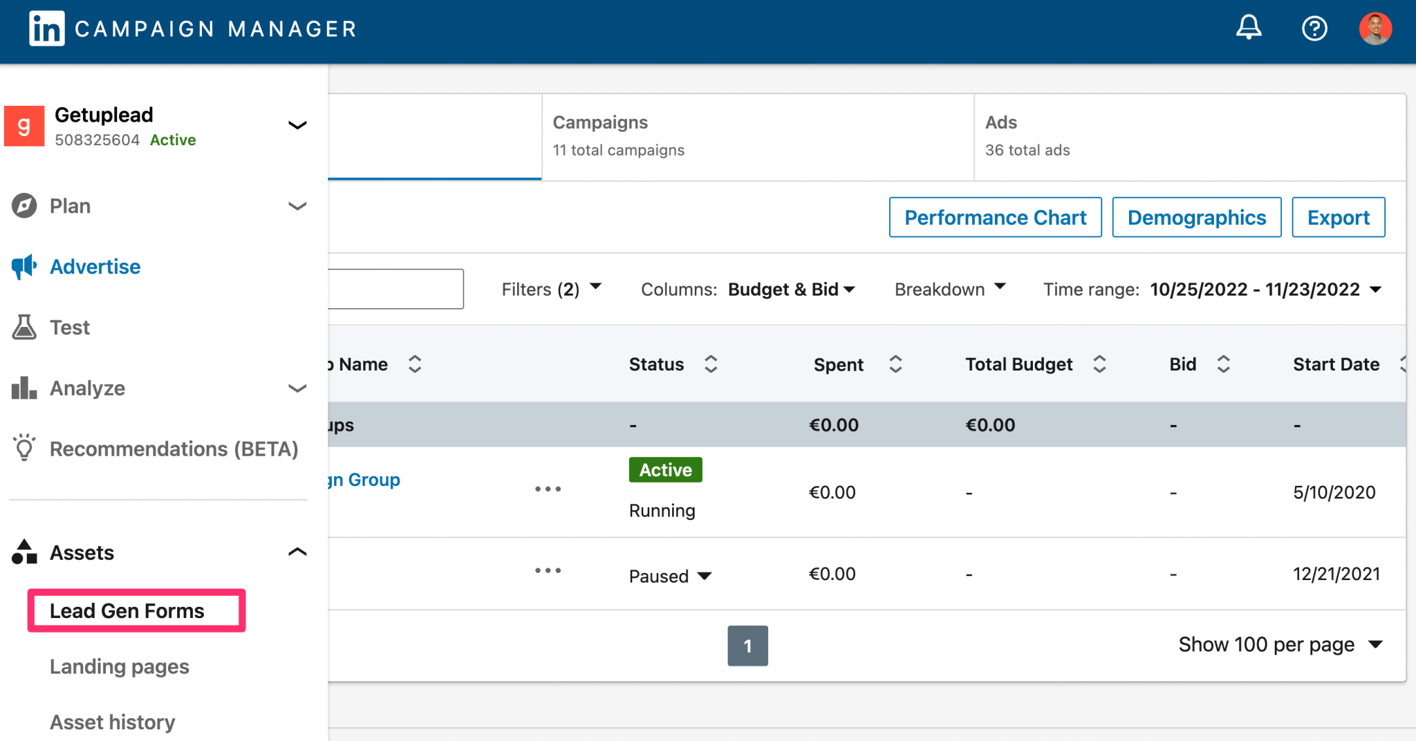 dashboard formulaire de génération de leads linkedin